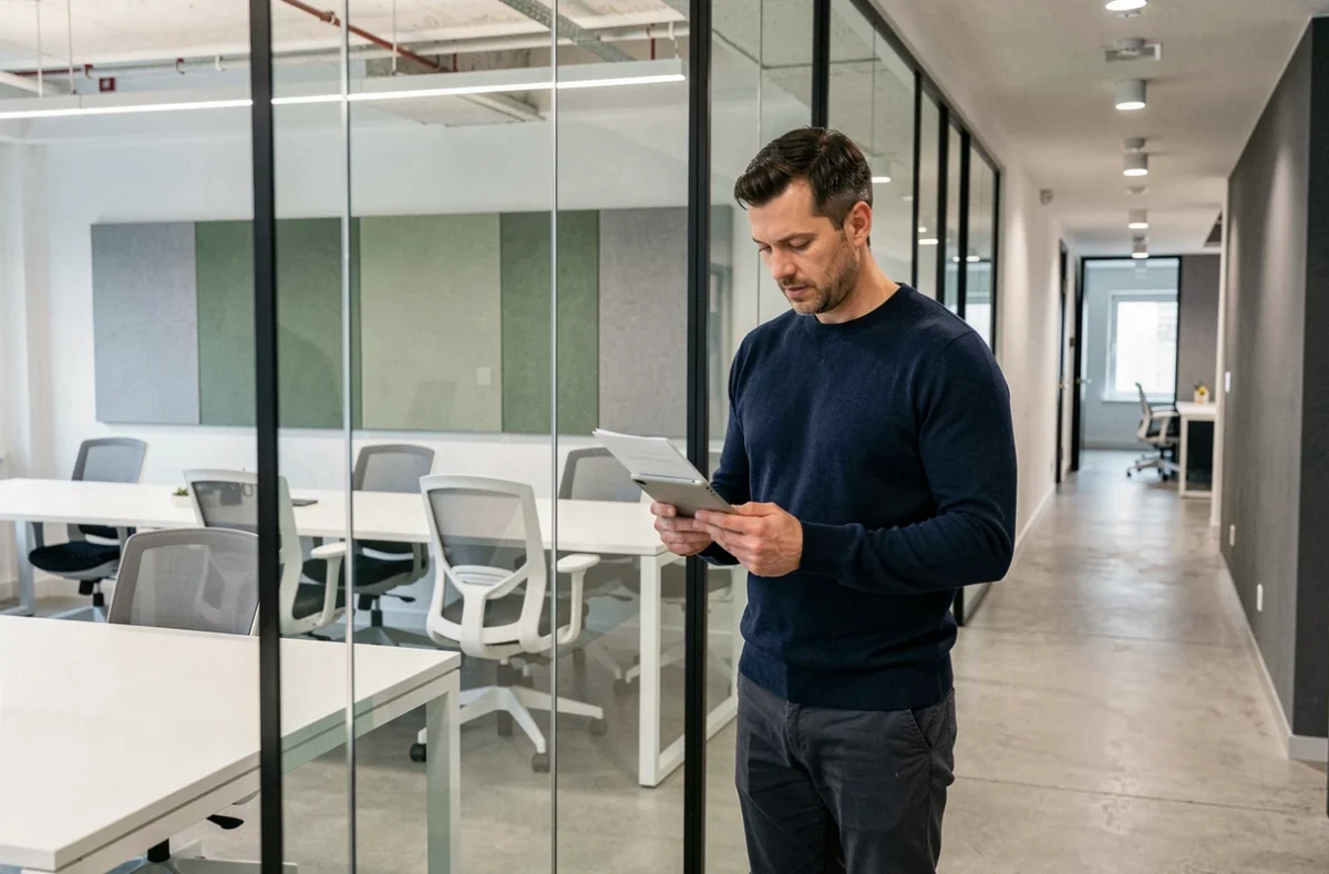 Homme consultant une tablette dans un open space de coworking contemporain avec cloisons vitrées à Asnières-sur-Seine
