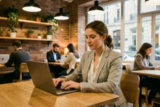 Femme travaillant dans un espace de coworking moderne à Asnières-sur-Seine avec murs en briques apparentes et plantes