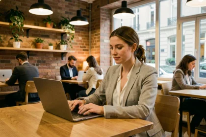 Femme travaillant dans un espace de coworking moderne à Asnières-sur-Seine avec murs en briques apparentes et plantes