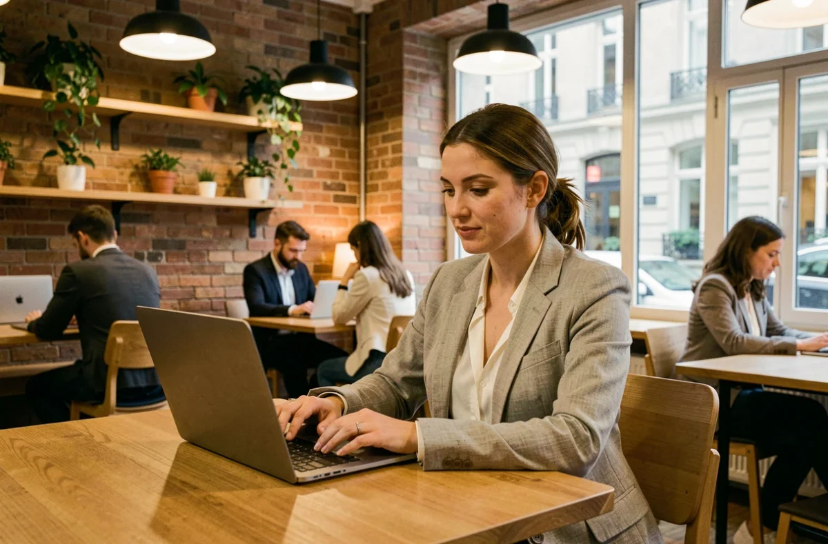Femme travaillant dans un espace de coworking moderne à Asnières-sur-Seine avec murs en briques apparentes et plantes