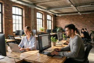 Espace de coworking moderne dans un bâtiment industriel réhabilité à Ivry-sur-Seine avec bureaux en bois et professionnels au travail