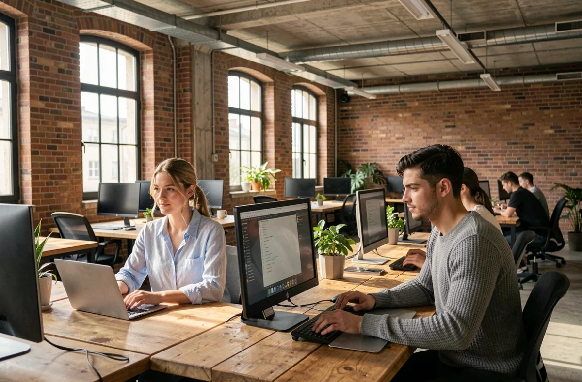Espace de coworking moderne dans un bâtiment industriel réhabilité à Ivry-sur-Seine avec bureaux en bois et professionnels au travail