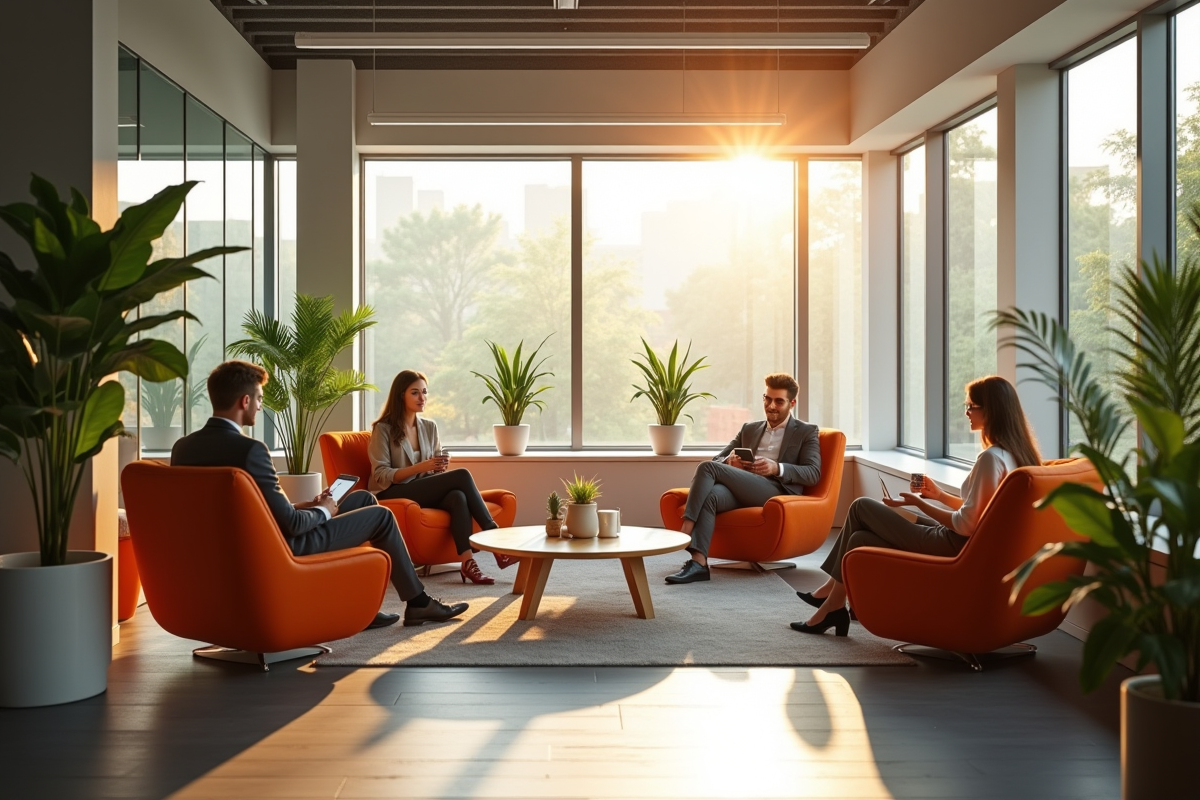 Espace détente avec employés relaxant dans un bureau moderne