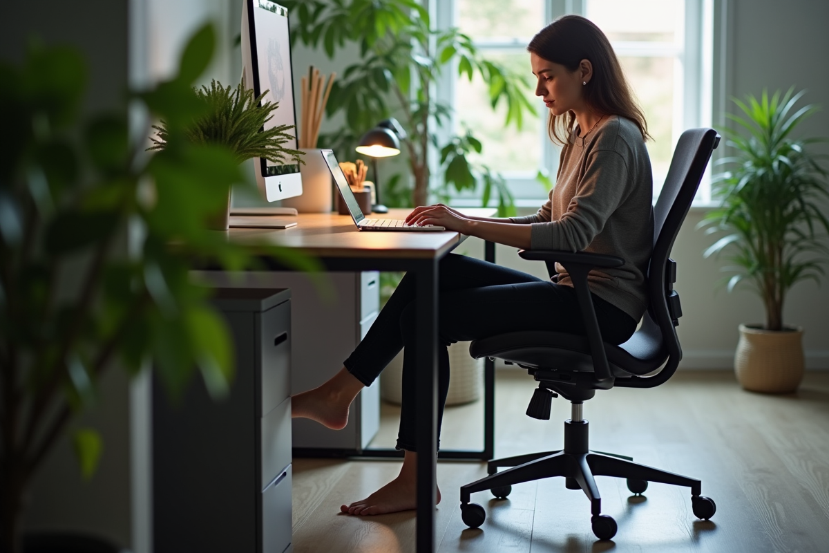 Personne assise confortablement à son bureau avec plantes en arrière-plan