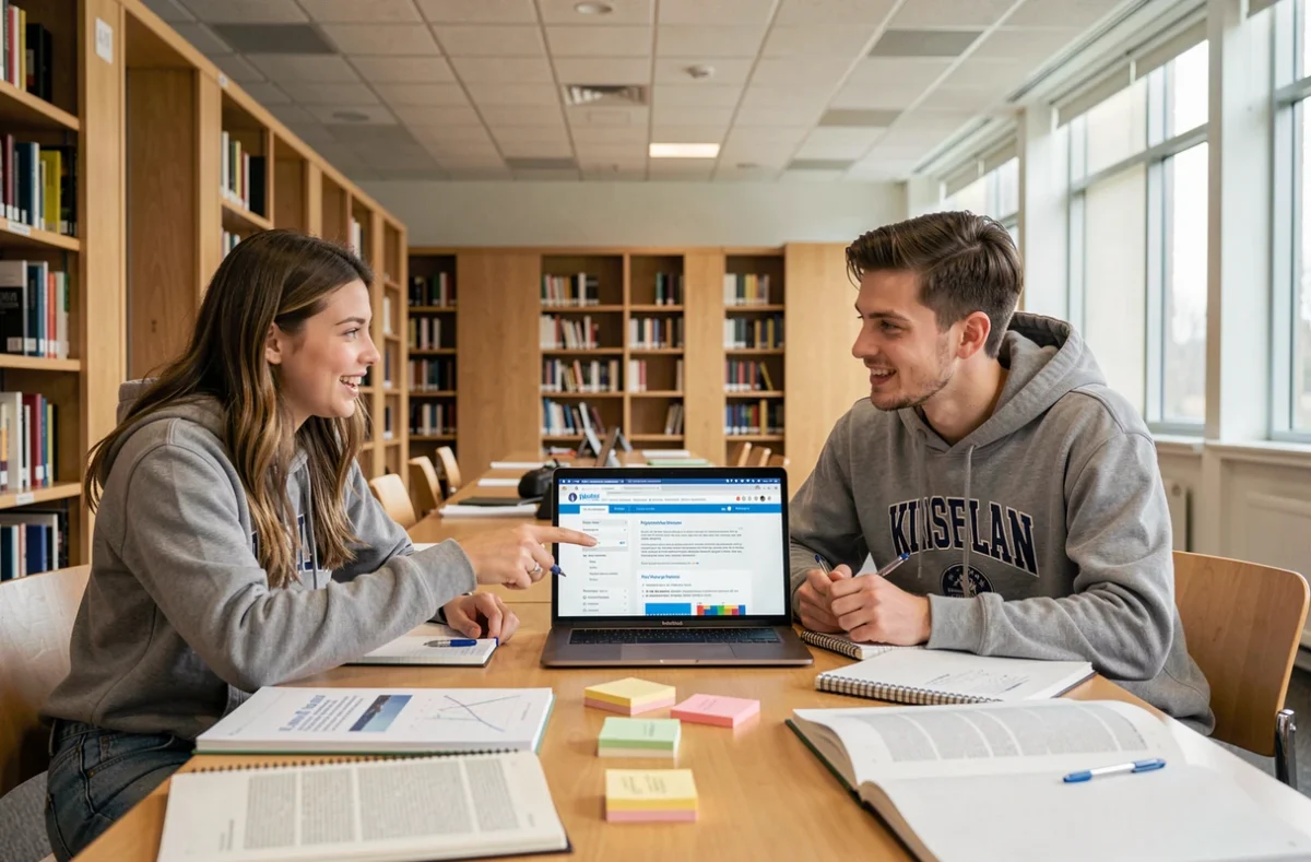 Deux étudiants en sciences collaborant autour d'un site de ressources pour projet scientifique en bibliothèque universitaire