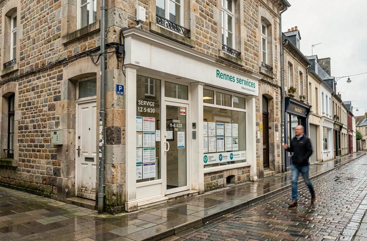 Façade d'une boutique multiservices dans une rue de Rennes avec horaires affichés en vitrine