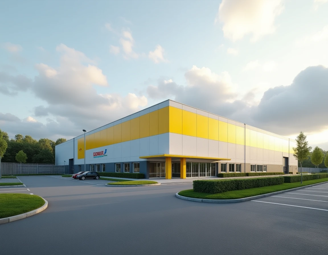 Façade extérieure d'une grande usine européenne de fabrication de jouets Playmobil avec parking et clôture