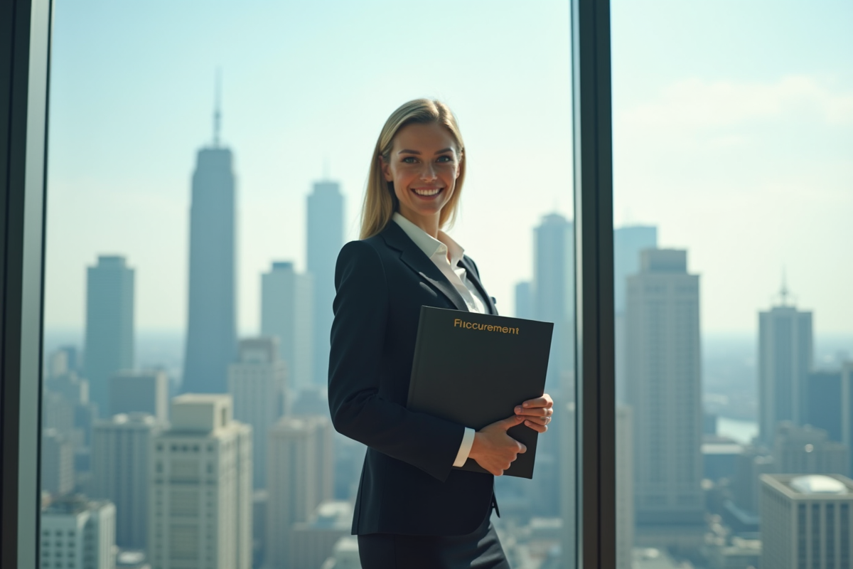 Femme d affaires confiante avec dossier procurement devant une vue urbaine