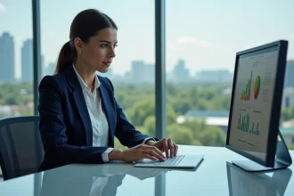 Femme d'affaires regardant un tableau digital dans un bureau moderne