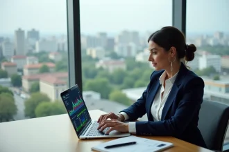 Femme d'affaires examine un tableau de bord économique moderne