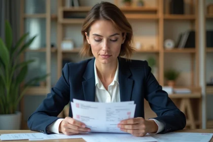 Femme d'affaires française examinant des documents fiscaux