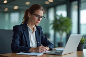 Femme d affaires en bureau moderne examine documents financiers
