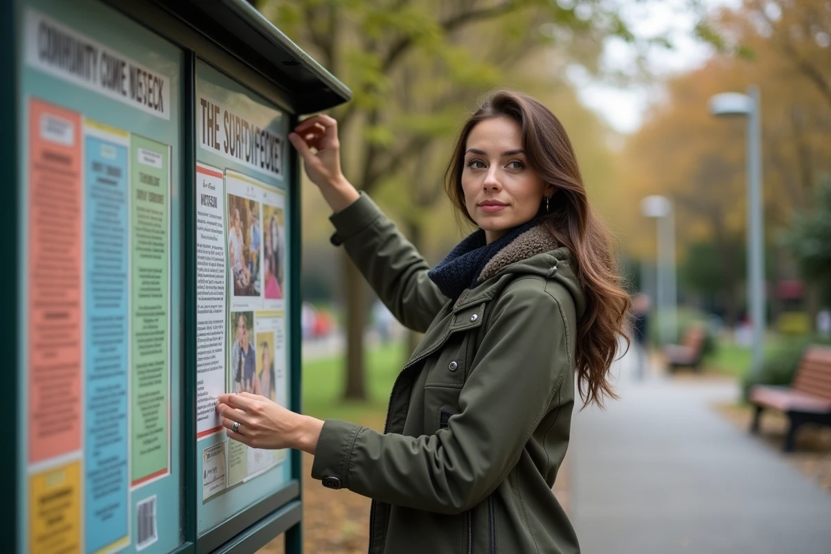 Femme accrochant une affiche dans un parc en milieu urbain