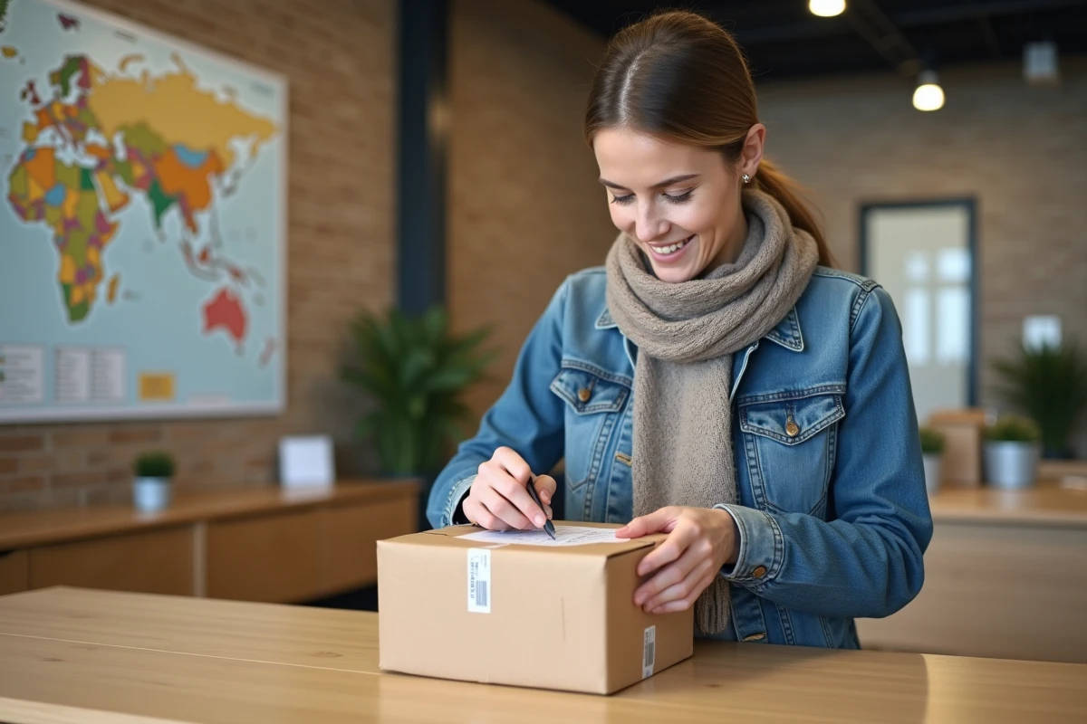 Femme en denim et foulard apposant une étiquette sur un colis