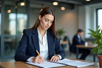 Femme professionnelle analysant des offres d'emploi sur le réseau TEE à son bureau en open space