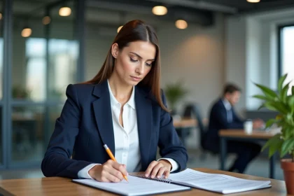 Femme professionnelle analysant des offres d'emploi sur le réseau TEE à son bureau en open space