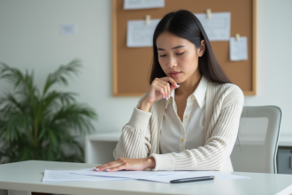 Jeune femme au bureau examine des papiers de salaire