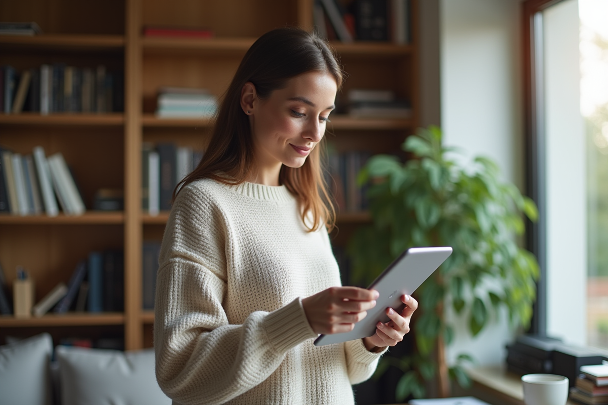 Jeune femme travaillant sur une tablette dans un bureau à domicile