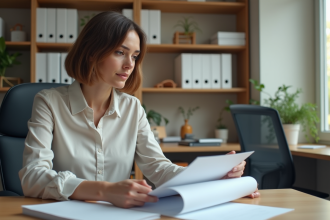 Femme en bureau municipal en train de revoir des papiers