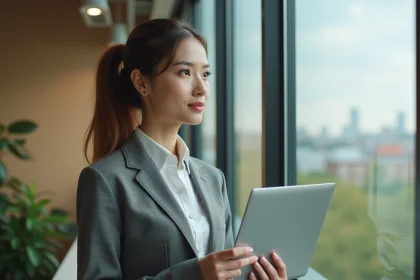Femme d'affaires regardant par la fenêtre dans un bureau moderne