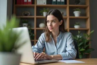 Femme en bureau à domicile travaillant sur son ordinateur