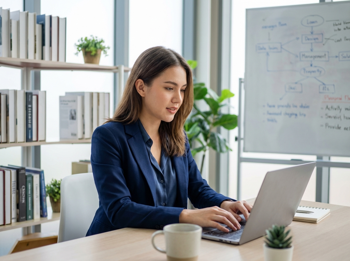 Jeune femme en tenue de bureau tapant sur un ordinateur moderne