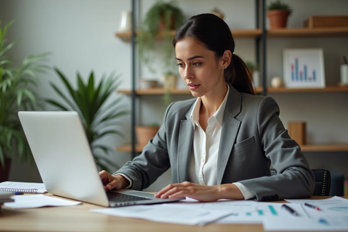 Femme au bureau moderne travaillant sur un ordinateur