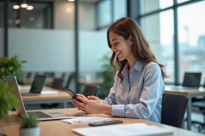 Jeune femme professionnelle souriante avec smartphone au bureau