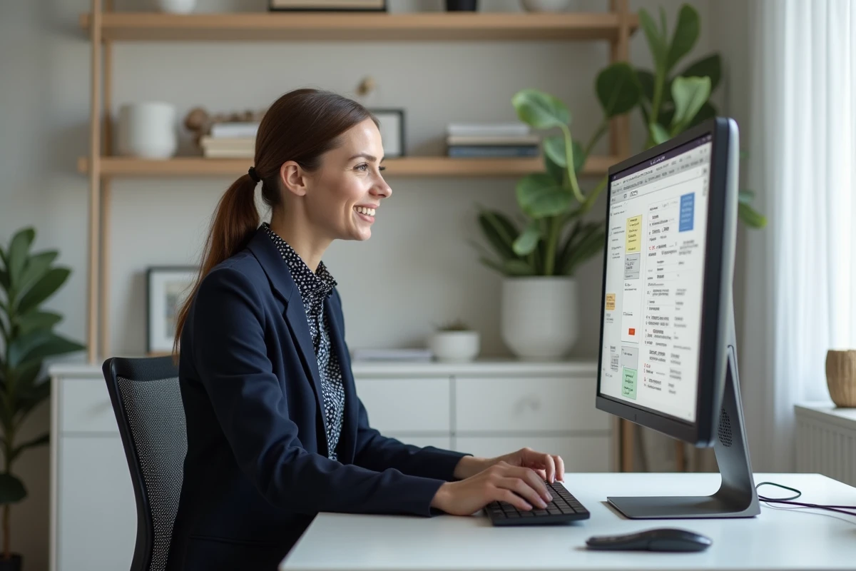 Femme concentrée travaillant sur son ordinateur à la maison