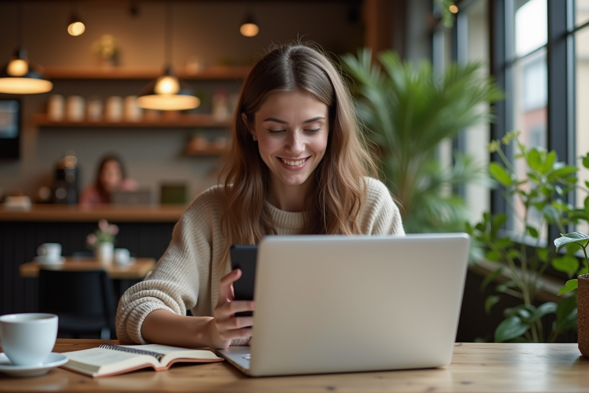 Jeune femme au café utilisant ordinateur et smartphone
