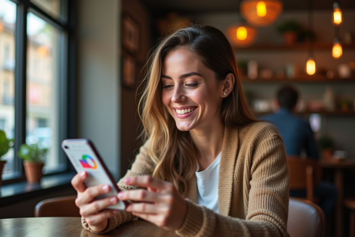 Jeune femme vérifiant ses résultats marketing sur smartphone