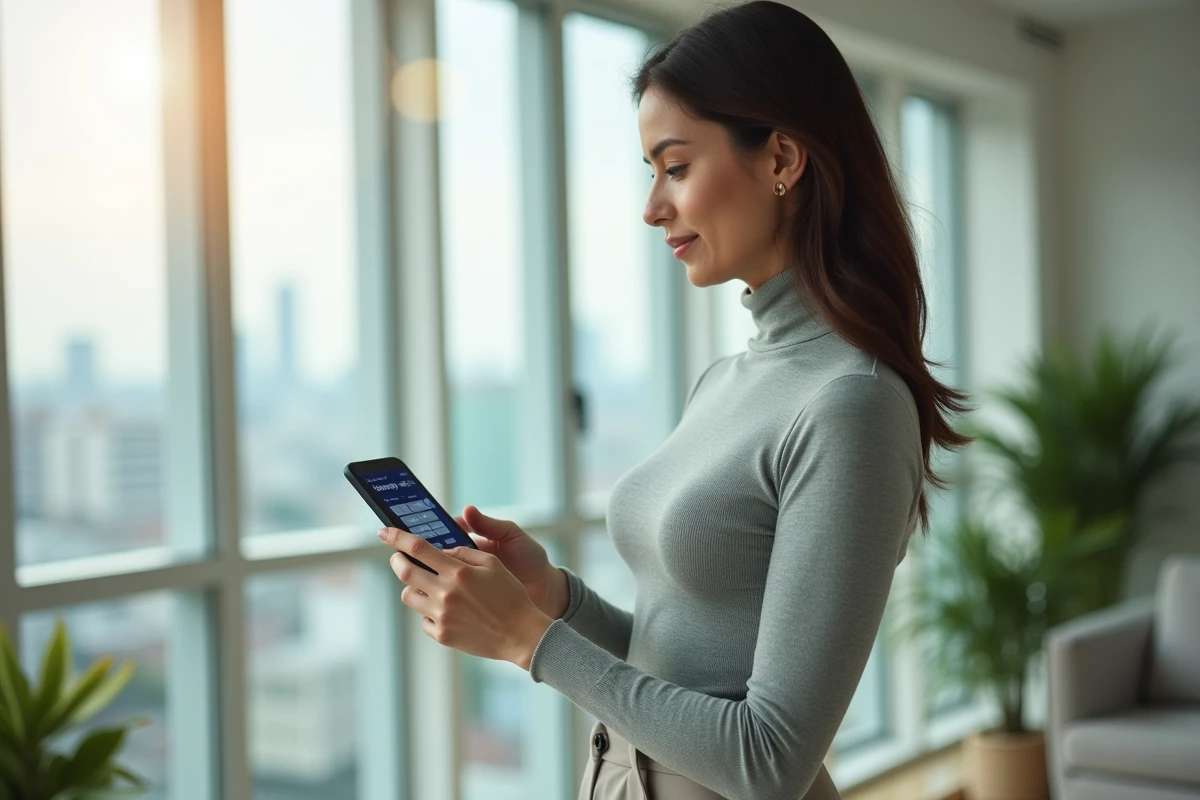 Femme indépendante utilisant un calculateur de revenus sur smartphone dans un appartement moderne avec vue urbaine