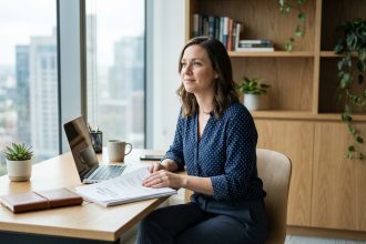 Femme en bureau moderne examinant ses papiers de carrière