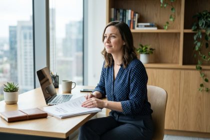 Femme en bureau moderne examinant ses papiers de carrière
