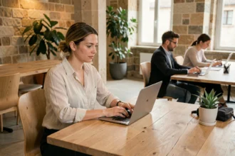 Femme travaillant dans un espace de coworking moderne à Avignon avec murs en pierre apparente