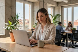Femme travaillant dans un espace de coworking moderne à Nice avec vue sur les toits