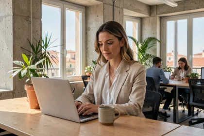 Femme travaillant dans un espace de coworking moderne à Nice avec vue sur les toits