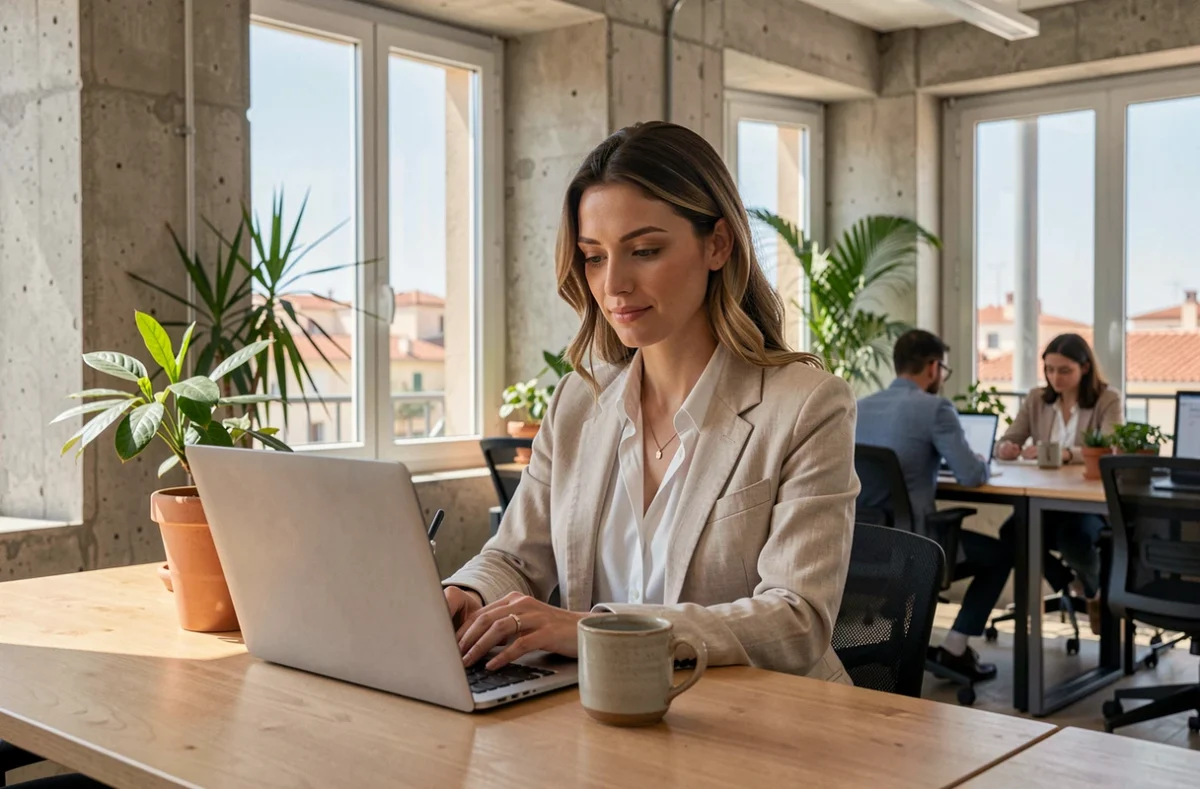 Femme travaillant dans un espace de coworking moderne à Nice avec vue sur les toits
