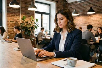 Femme travaillant dans un espace de coworking moderne à Orléans avec des murs en briques et des plantes vertes