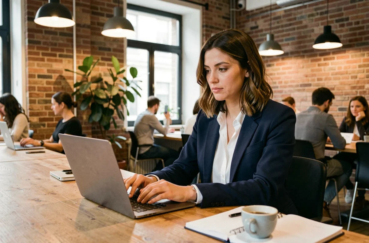 Femme travaillant dans un espace de coworking moderne à Orléans avec des murs en briques et des plantes vertes