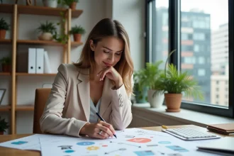 Femme créative en bureau avec esquisses logo et maquettes