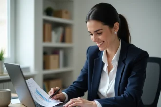 Femme entrepreneur analysant une stratégie de prix pour son e-commerce sur un bureau avec des tableaux de marges et un laptop