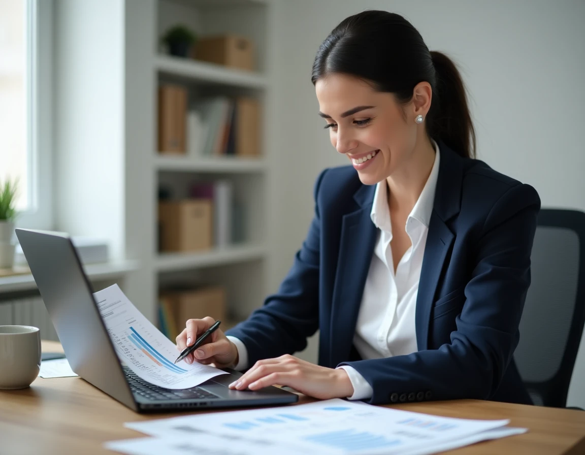 Femme entrepreneur analysant une stratégie de prix pour son e-commerce sur un bureau avec des tableaux de marges et un laptop