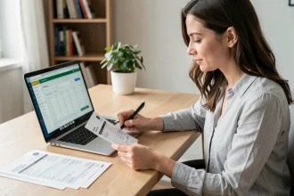 Femme consultant sa fiche de paie en ligne sur ordinateur portable dans un bureau à domicile moderne