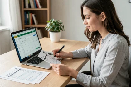 Femme consultant sa fiche de paie en ligne sur ordinateur portable dans un bureau à domicile moderne