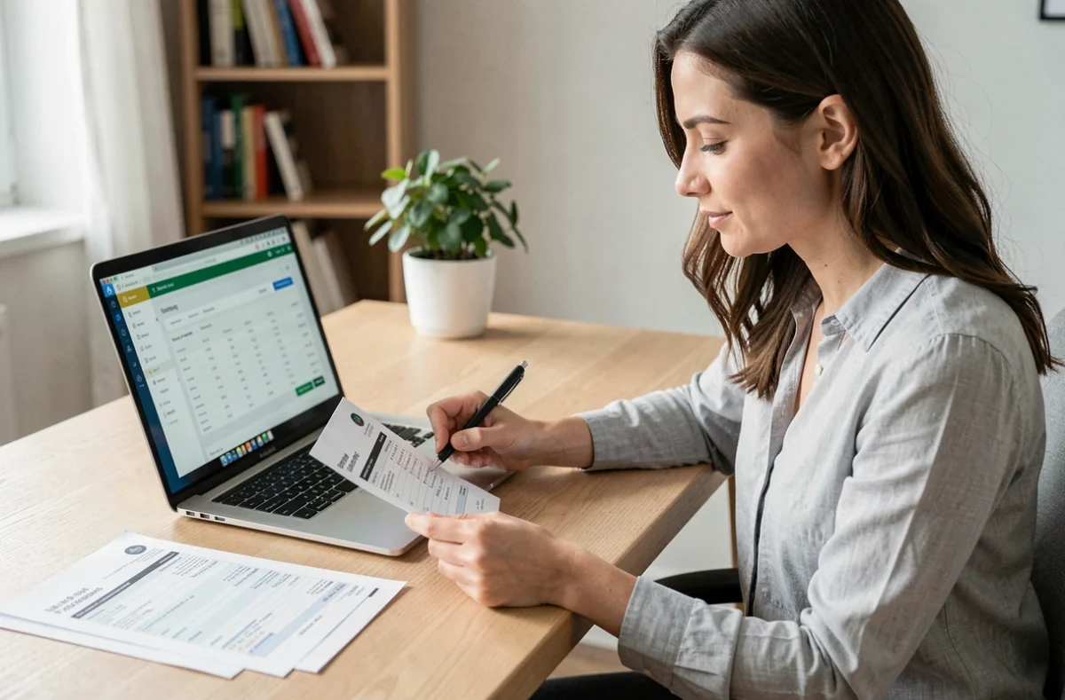 Femme consultant sa fiche de paie en ligne sur ordinateur portable dans un bureau à domicile moderne