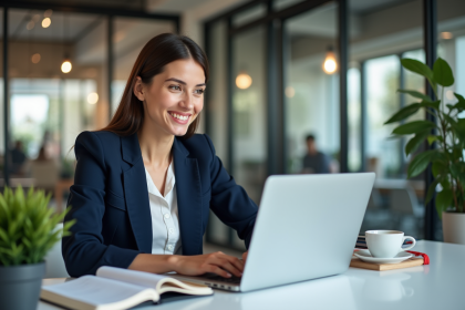 Jeune femme en blazer bleu analysant un tableau digital marketing