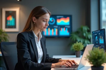 Jeune femme professionnelle analysant des donn&eacute;es marketing