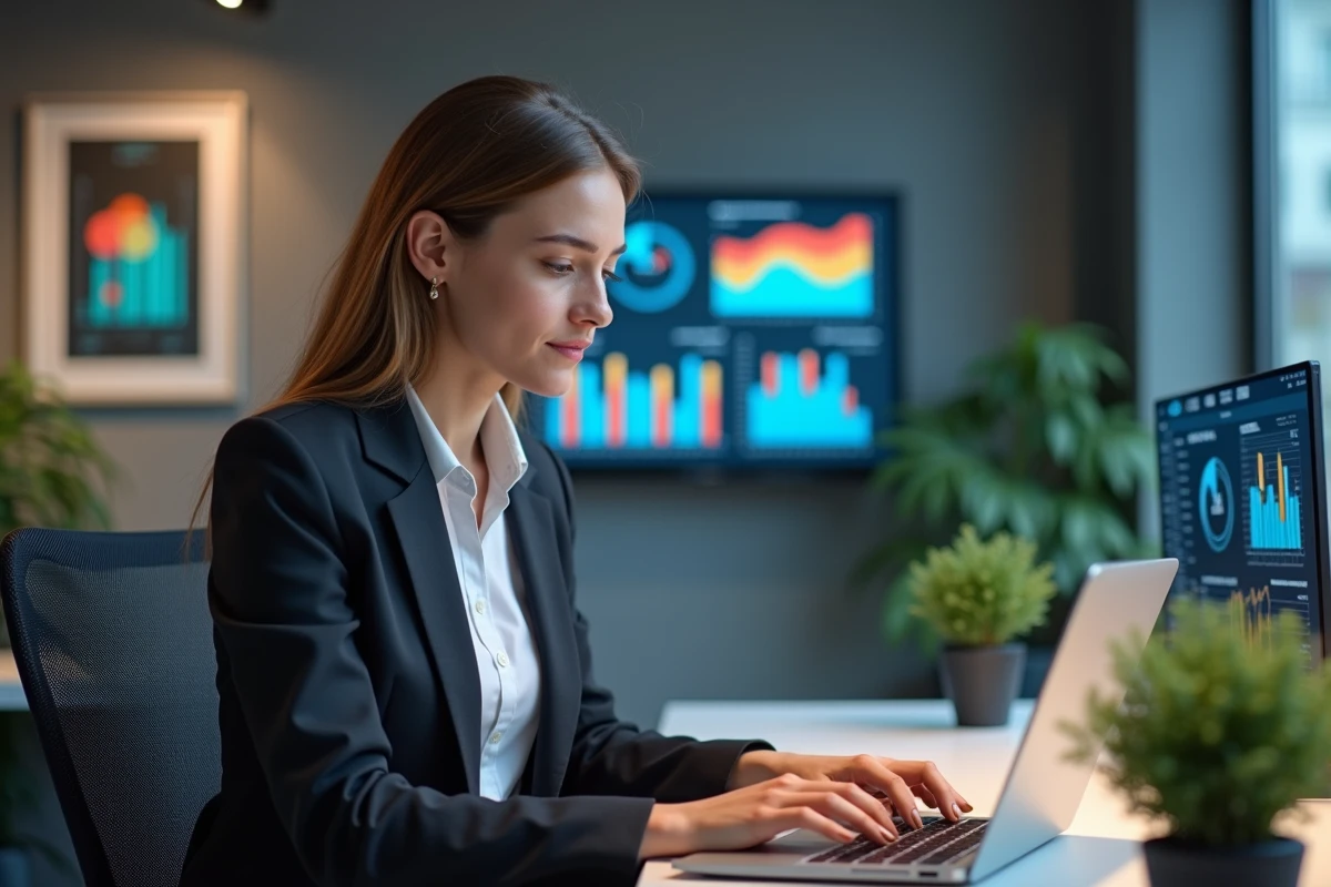 Jeune femme professionnelle analysant des données marketing