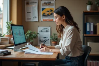 Femme dans un bureau de auto école examinant des documents